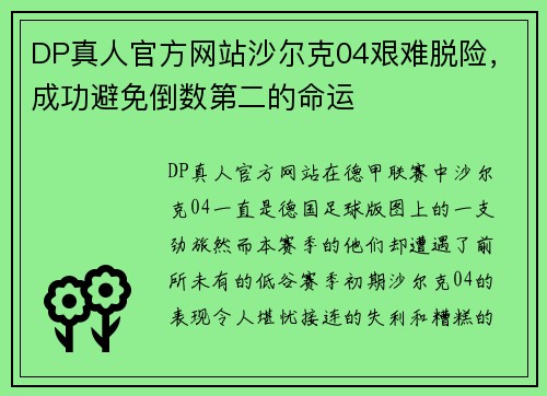 DP真人官方网站沙尔克04艰难脱险，成功避免倒数第二的命运