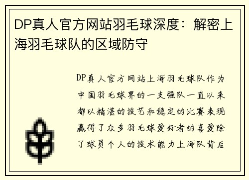 DP真人官方网站羽毛球深度：解密上海羽毛球队的区域防守